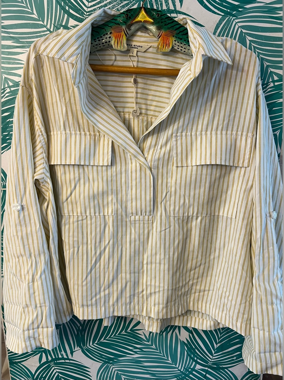 Max Studio Cream & Yellow pinstriped popover Shirt w/ chest pockets Sz L NWOT